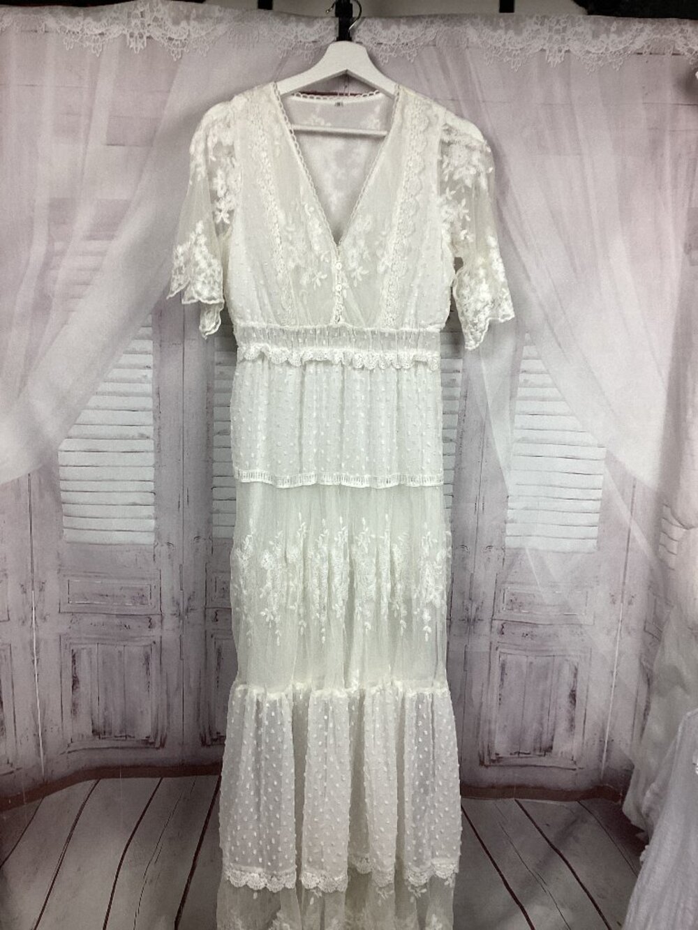 White Lace Maxi Dress Short Sleeve M